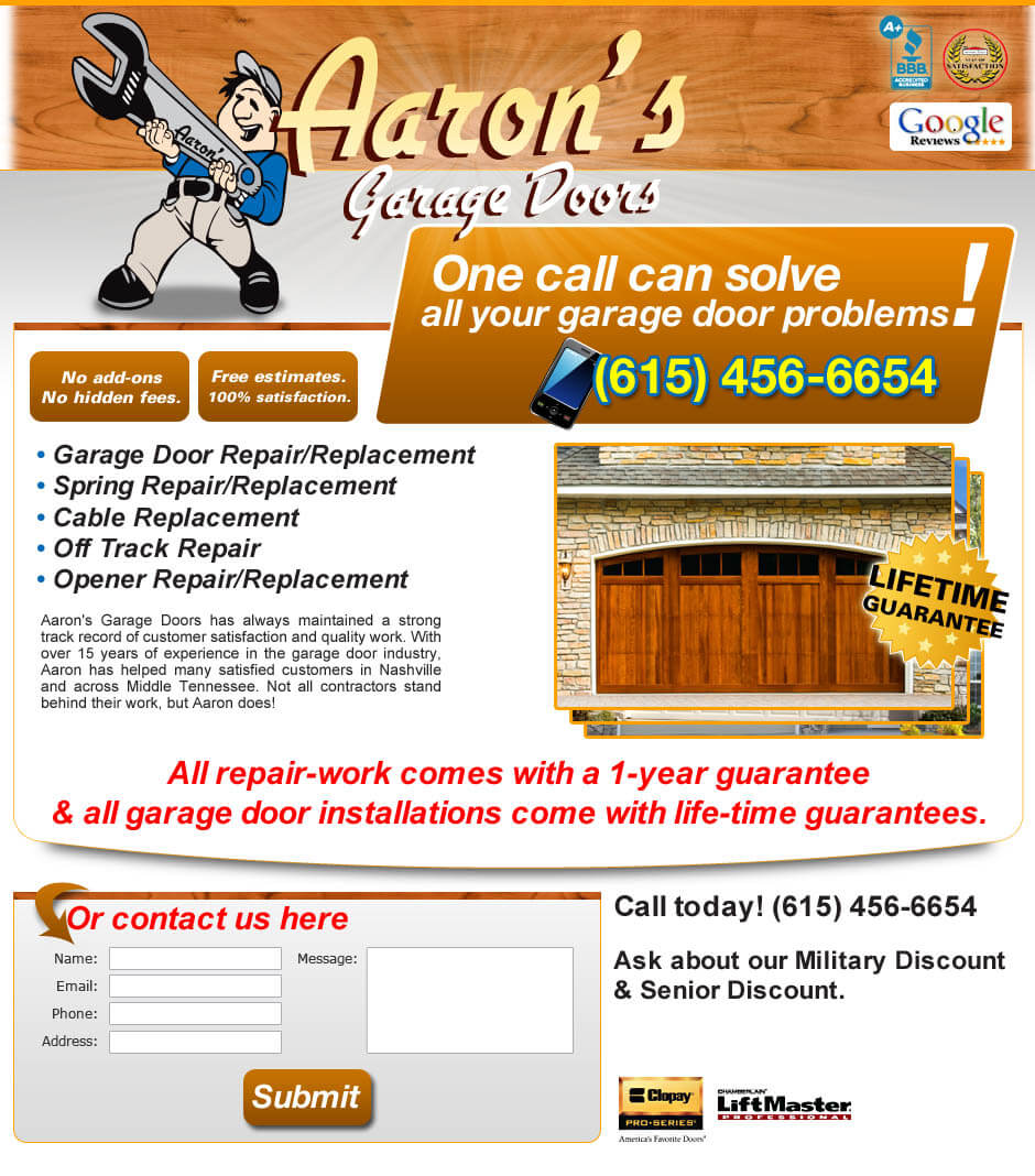 garage door landing page website design